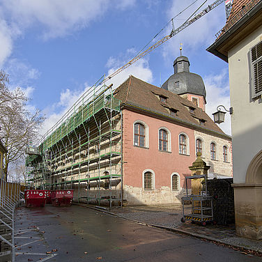 Baufeld in der abgesperrten Geyerswörthstraße. © Lara Müller, Stiftungsmanagement Stadt Bamberg.